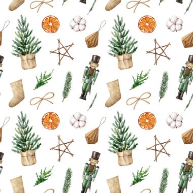 Organik süslemeli suluboya Noel deseni, Noel ağacı, minimalist İskandinav tarzı fındıkkıran. Kumaşlar, ambalaj kağıtları, hatıra defterleri için sıfır atık Noel konsepti.