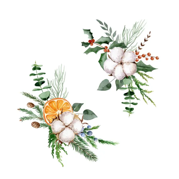 水彩画圣诞套装与斯堪的纳维亚风格的垂直花卉组成 用桉树 棉花花 干橙子和冬青手绘的小集团制作贺卡和邀请函 — 图库照片