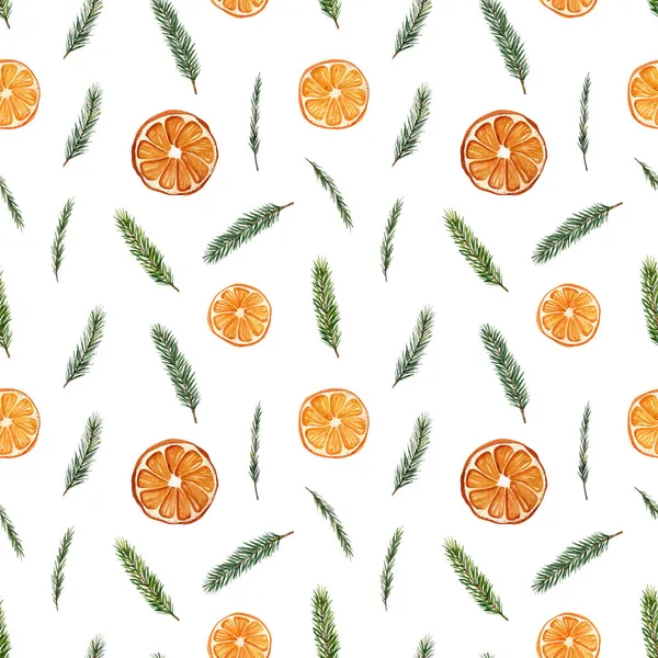 Акварель Рождество Бесшовный Узор Елкой Ветвей Ломтиками Сушеных Апельсинов Белом — стоковое фото