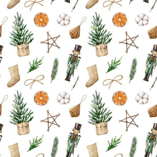 Padrão Sem Costura Natal Aquarela Com Decorações Orgânicas Árvore Natal — Fotografia de Stock