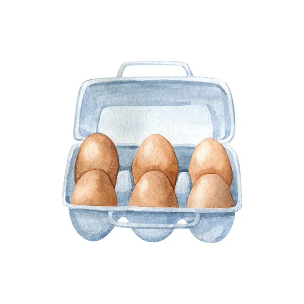 Blue Plastic Container Six Eggs Handle Isolated White Watercolor Illustration — Stock Photo, Image