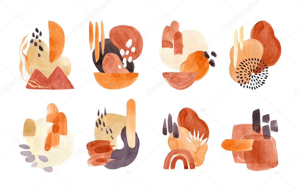 Modern abstract compositions in earthy colors on white background. Watercolor pre-made arrangements set. Ochre, terracotta, orange and purple colors. Wall art. Logo. Poster. Business card. Stationery.