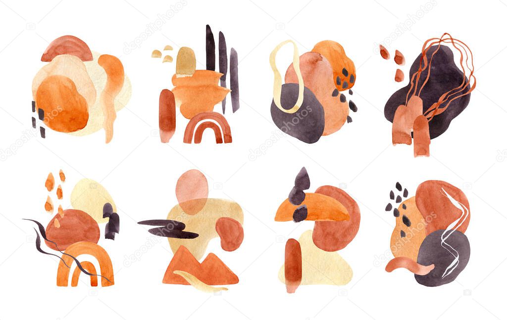Watercolor abstract compositions in earthy colors on white background. Modern pre-made arrangements set. Ochre, terracotta, orange and purple colors. Wall art. Logo. Poster. Business card. Stationery.
