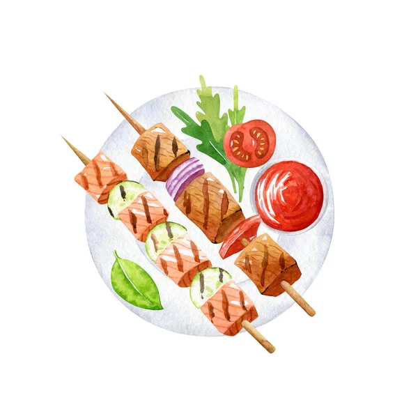 Des Brochettes Viande Saumon Avec Ketchup Roquette Tomate Sont Sur — Photo