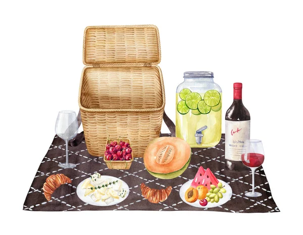 Piknik Warna Air Dengan Keranjang Kemah Wicker Anggur Merah Gelas — Stok Foto