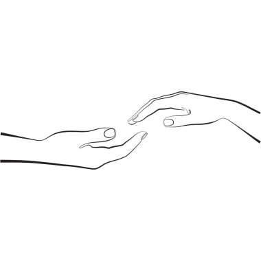 Eller bir çizgi çiziminde. Kadın ve erkek elleri birbirine uzanıyor. Devamlı çizgi sanatı. Düğün çizimi.