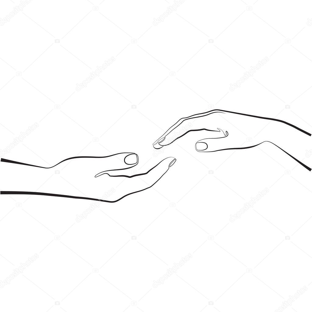Hands one line illustration. Female and male hands reach out to each other. Continuous line art. Wedding illustration.