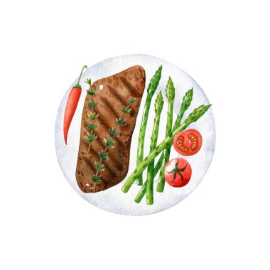 Kuşkonmaz, domates, kekik ve kırmızı biberli biftek beyaz arka planda izole edilmiş beyaz tabakta. Barbekü el çizilmiş suluboya bölmesi.