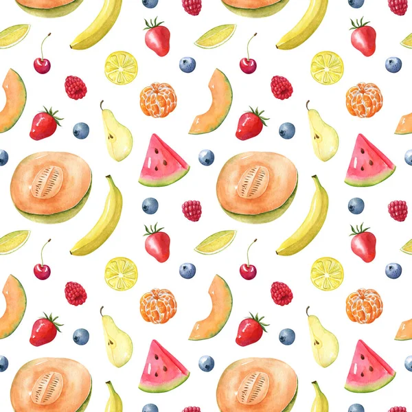 Watercolor Seamless Pattern Fruits Berries Isolated White Background Food Texture — Stock Photo, Image