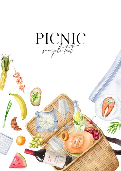 Suluboya Piknik Davetiye Şablonu Yemek Çizimleri Fotokopi Alanı Olan Kart — Stok fotoğraf