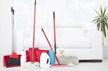 Collection of cleaning products and tools clipart