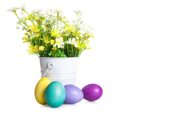 Easter eggs with spring flower in the basket — Stock Photo, Image