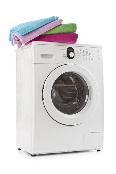 Washing machine with laundry isolated on white — Stock Photo, Image