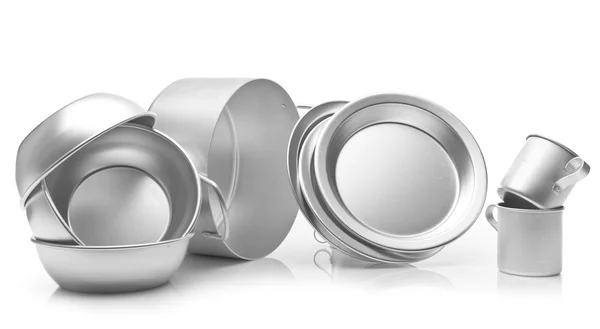 Set of metal dishes on white background — Stock Photo, Image