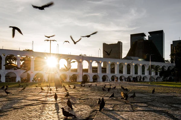 Sun Shines Lapa Arches Rio Janeiro Pigeons Flying Front — Foto de Stock