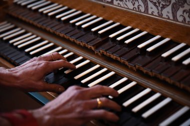 Mature Female Hands Playing Harpsichord aka Cembalo Musical Instrument
