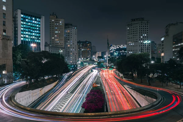Lång Exponering Trafikljus Natten Anhangabau Valley Sao Paulo City Downtown — Stockfoto