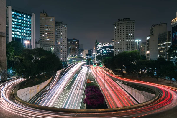 Lång Exponering Trafikljus Natten Anhangabau Valley Sao Paulo City Downtown — Stockfoto