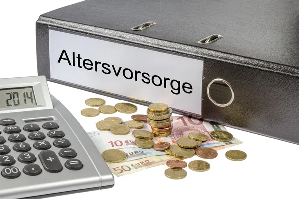 Altersvorsorge binder miniräknare och valuta — Stockfoto