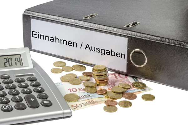 Einnahme AUsgabe Binder Calculator and Currency — Stock Photo, Image