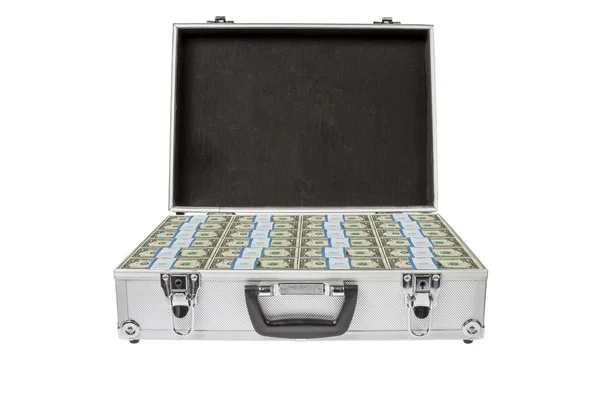 Ασημένια βαλίτσα με Δολάριο σημειώσεις σε λευκό — 图库照片