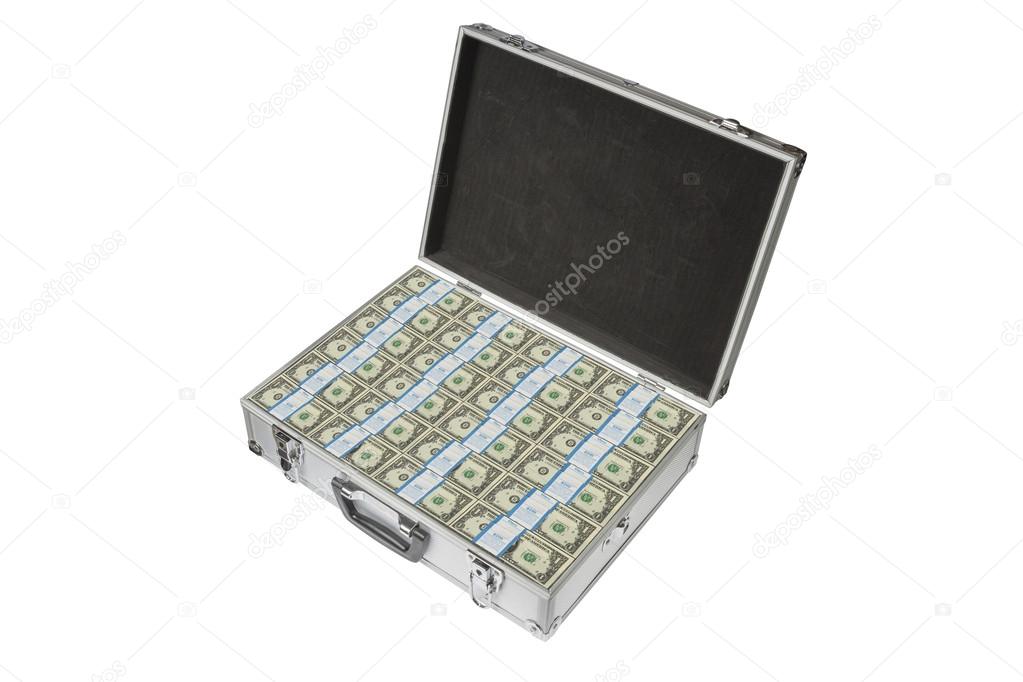 Silver Suitcase with Dollar Notes on white