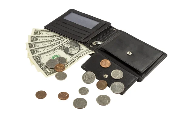 Portemonnee met dollar biljetten en munten — Stockfoto