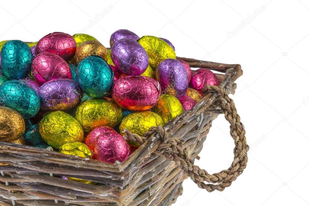colorful chocolate easter eggs in a basket