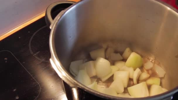 Rostning lök och röd paprika — Stockvideo