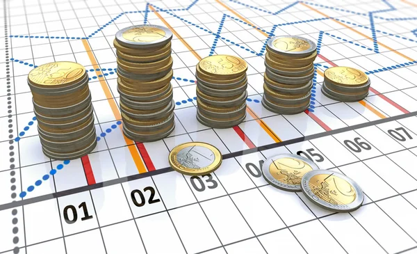 Financial settlement with the linear charts and coins — Stock Photo, Image