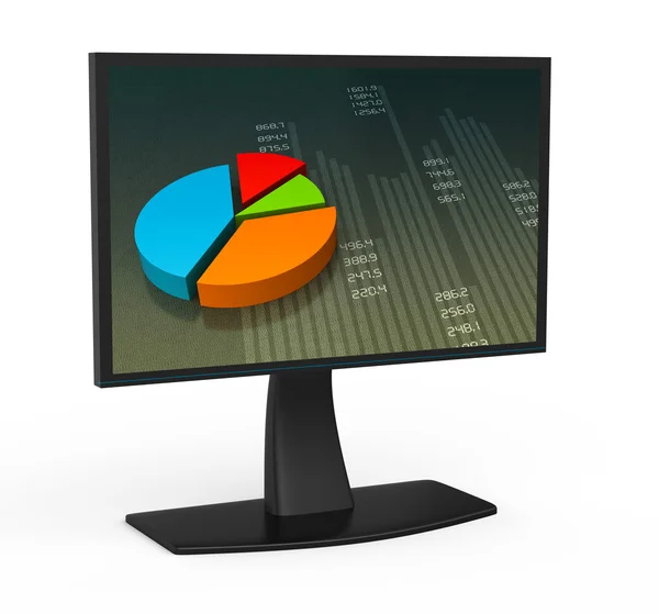 Černý monitor. barevný koláč pruhový graf. — Stock fotografie