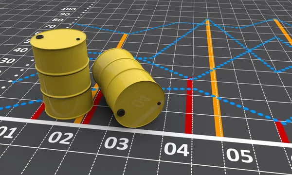 Two yellow barrels with a linear graph — Stock Photo, Image