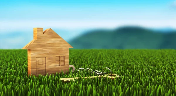 Eco Friendly House Concept Small Wooden Model Home Green Grass — Stock Photo, Image