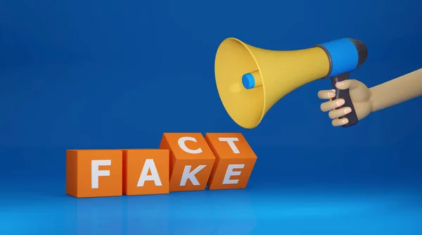 Fake news or fact in online internet media news with loudspeaker. Deception and propaganda journalism 3D render background.