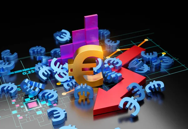 经济危机 衰退或通货膨胀是带有下行发展箭头的欧元符号 3D金融隐喻背景概念 — 图库照片