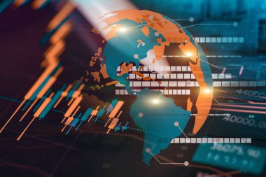 Parlak ön plan grafikleri ve şamdanı olan ekonomik küresel analiz grafikleri ticaret pazarı konsepti. Ekonomik rapor durgunluk kavramı.