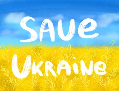 Ukrayna bayrağı gökyüzü ve alan dijital illüstrasyonu. Ukrayna 'yı Kaydet