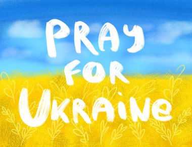 Ukrayna bayrağı gökyüzü ve alan dijital illüstrasyonu. Ukrayna için dua et.