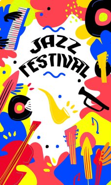 Caz Festivali, müzik etkinliği ve klasik renklerle pankart tasarımı. Sosyal medyada tanıtım için çılgın renkli poster