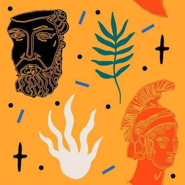 El çizimi pürüzsüz desen. Çiçek elementli Antik Yunan heykeli. Ağ, baskı, kumaş, hediye kağıdı için antik kültür çizimi.