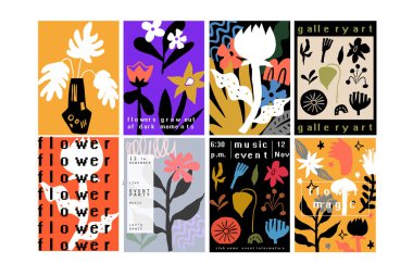 Colorful modern set of abstract hand drawn scandinavian floral shapes posters design for art and music events, blogs, print, websites, etc.
