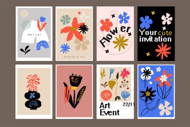 Pastel and colorful modern set of abstract hand drawn scandinavian floral shapes posters design for art and music events, blogs, print, websites etc.