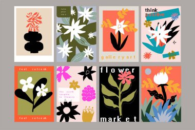 Colorful modern set of abstract hand drawn scandinavian floral shapes posters design for art and music events, blogs, print,