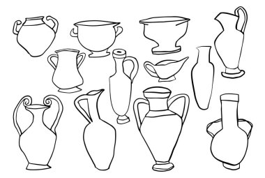 Set of doodle line art ancient Greek vases and pottery illustration isolated on background