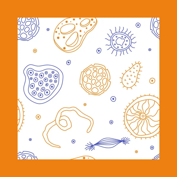 Colorful Medical Seamless Pattern Cute Doodle Bacterias Microbs Dnk Orange — стоковый вектор