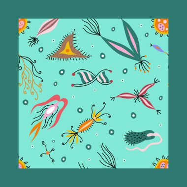 Sevimli bakteriler, mikroplar ve yeşil arka planda dnk ile renksiz tıbbi desen