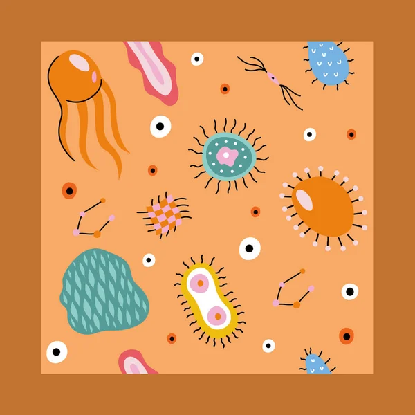 Colorful Medical Seamless Pattern Cute Doodle Bacterias Microbs Dnk Orange — Vetor de Stock