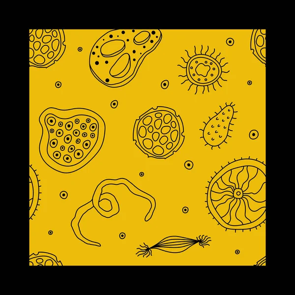 Colorful Medical Seamless Pattern Cute Doodle Bacterias Microbs Dnk Black — стоковый вектор
