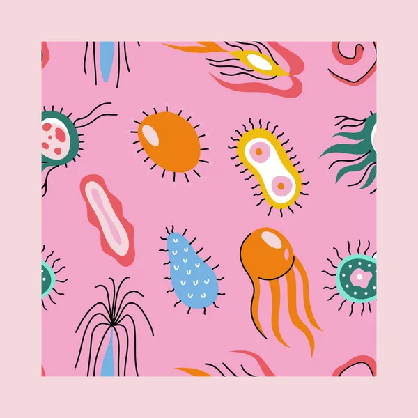 Colorful Medical Seamless Pattern Cute Doodle Bacterias Microbs Dnk Pink — стоковый вектор
