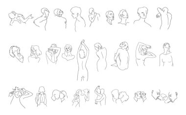 Minimalist linear set of illustrations of women, men, couples. Line art gentle drawings of people for a beauty salon, spa, lingerie store and etc